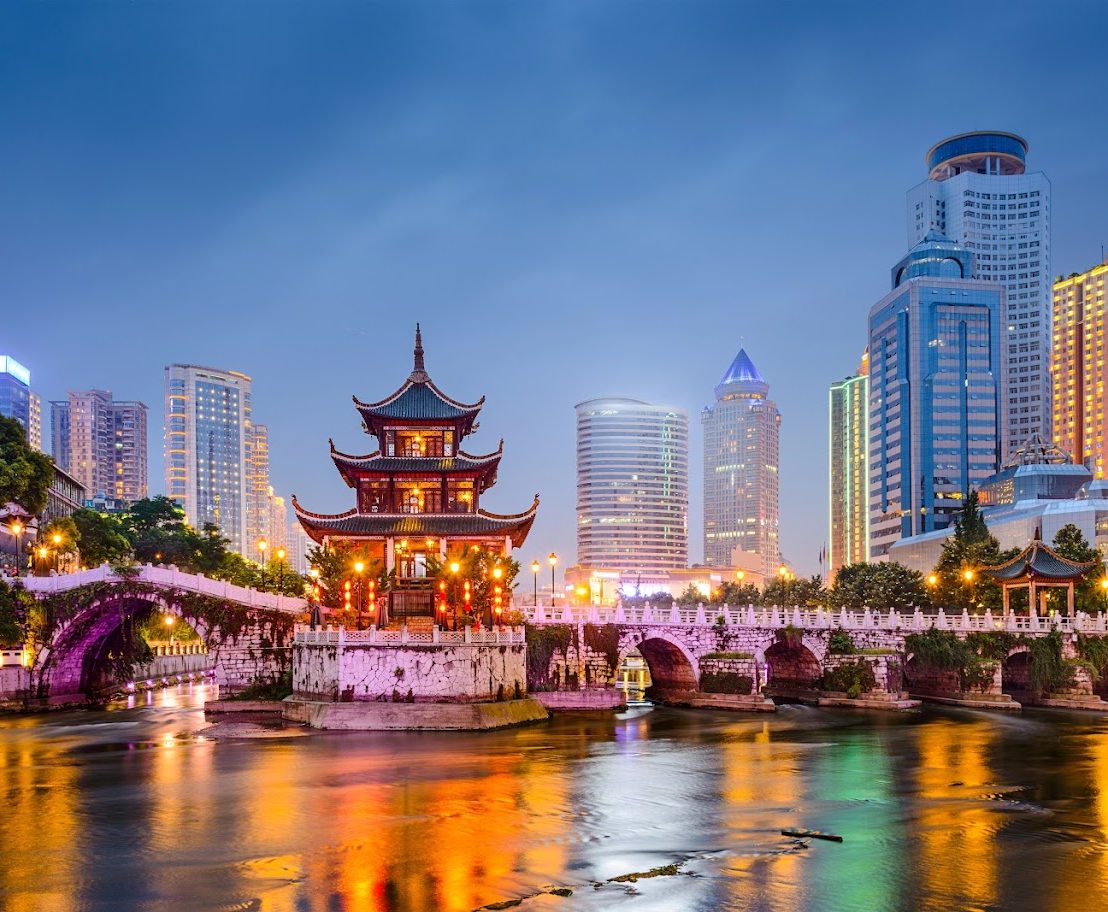 Guiyang, China skyline at Jiaxiu Pavilion on the Nanming River.